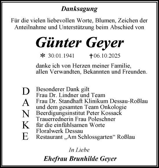 Traueranzeige von Günter Geyer von Trauerkombi Dessau