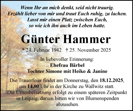 Traueranzeige von Günter Hammer von Mitteldeutsche Zeitung Halle/Saalkreis
