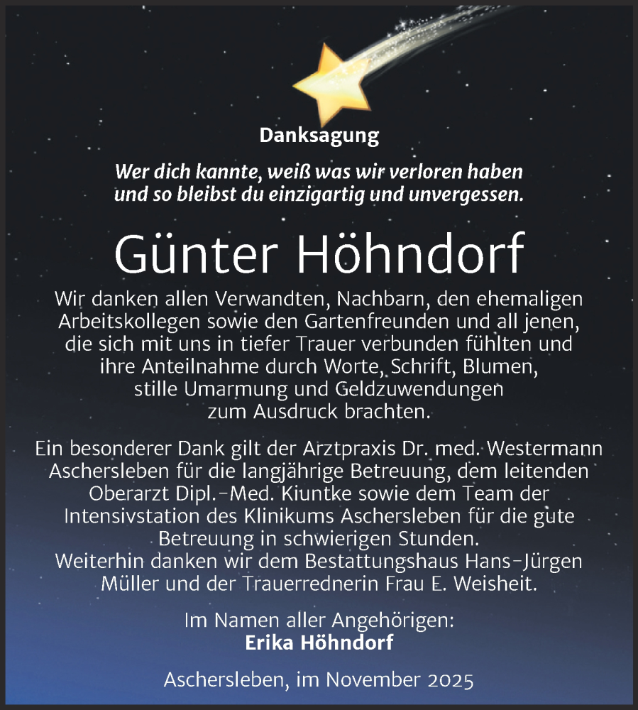  Traueranzeige für Günter Höhndorf vom 29.11.2025 aus Trauerkombi Aschersleben