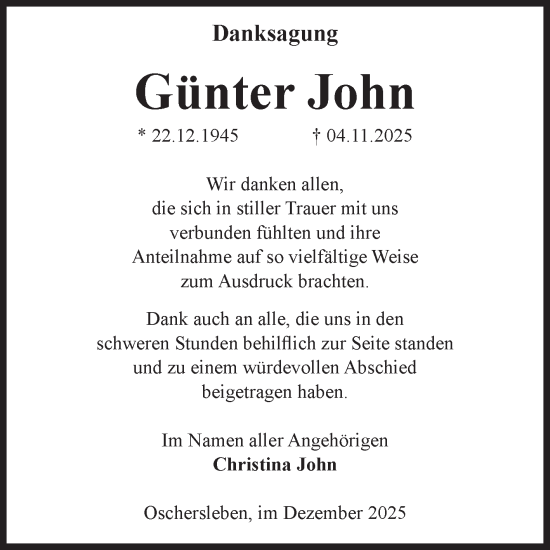 Traueranzeige von Günter John von Volksstimme Oschersleben/Wanzleben