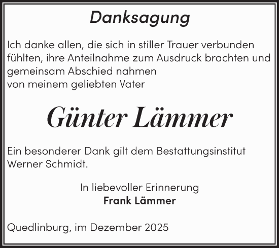Traueranzeige von Günter Lämmer von Trauerkombi Quedlinburg
