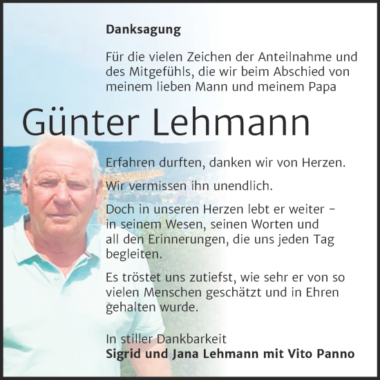 Traueranzeige von Günter Lehmann von Trauerkombi Merseburg