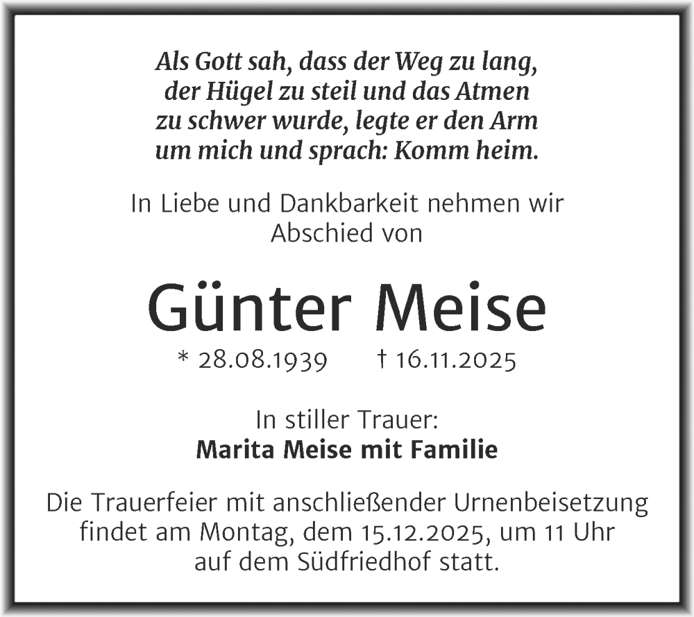  Traueranzeige für Günter Meise vom 29.11.2025 aus Mitteldeutsche Zeitung Halle/Saalkreis