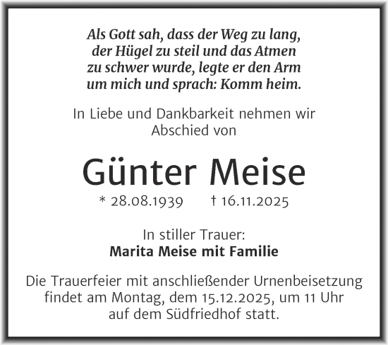 Traueranzeige von Günter Meise von Mitteldeutsche Zeitung Halle/Saalkreis