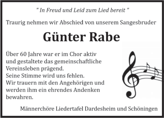 Traueranzeige von Günter Rabe von Volksstimme Halberstadt