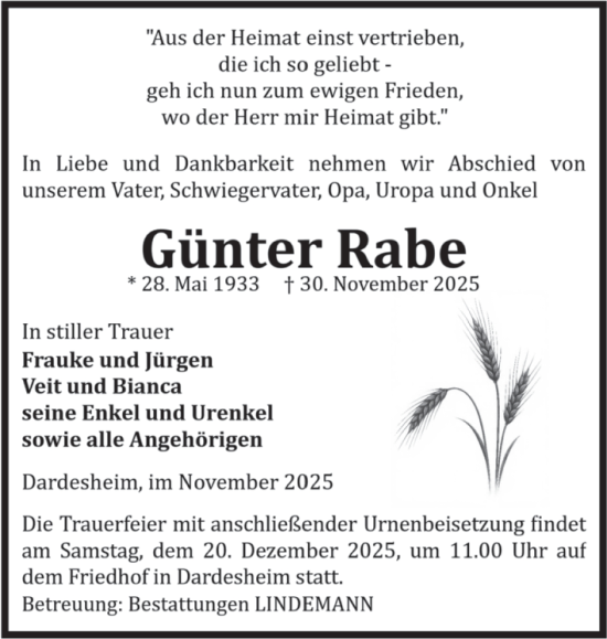 Traueranzeige von Günter Rabe von Volksstimme Halberstadt