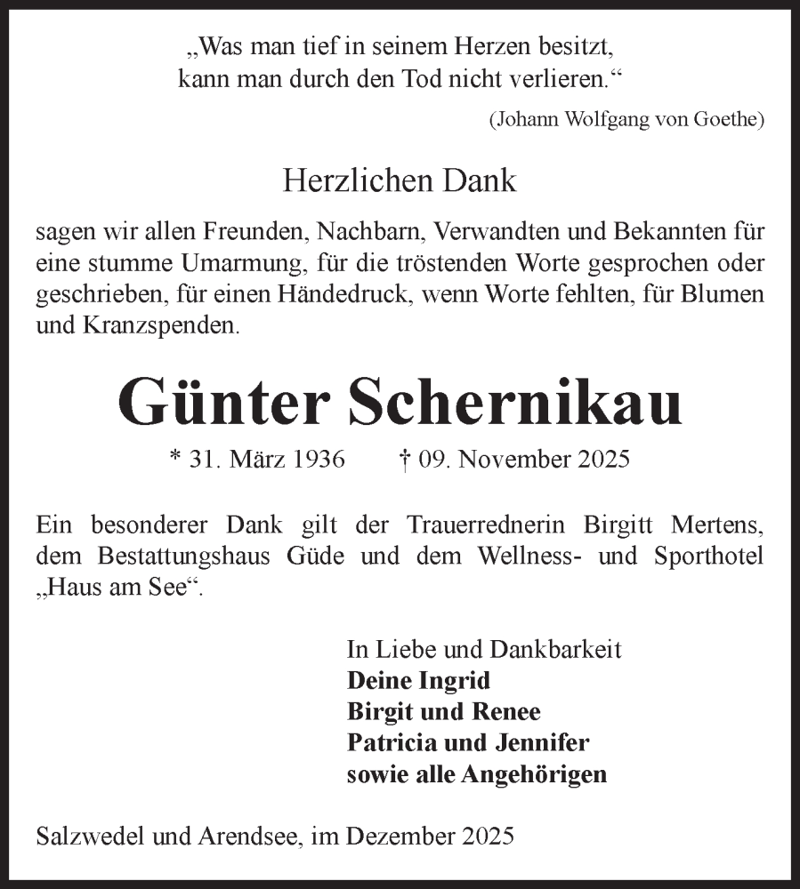  Traueranzeige für Günter Schernikau vom 20.12.2025 aus Volksstimme Altmark West