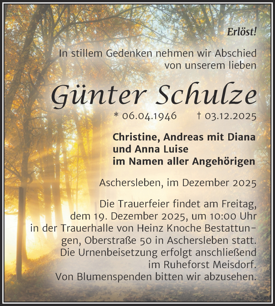  Traueranzeige für Günter Schulze vom 13.12.2025 aus Trauerkombi Aschersleben