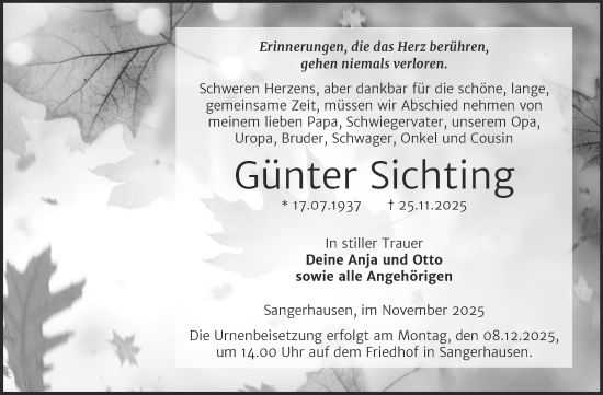 Traueranzeige von Günter Sichting von Trauerkombi Sangerhausen