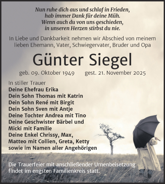 Traueranzeige von Günter Siegel von SuperSonntag Bitterfeld