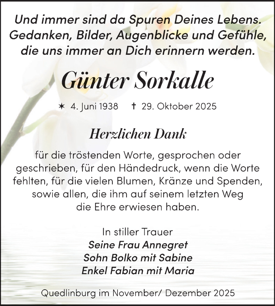  Traueranzeige für Günter Sorkalle vom 06.12.2025 aus Trauerkombi Quedlinburg