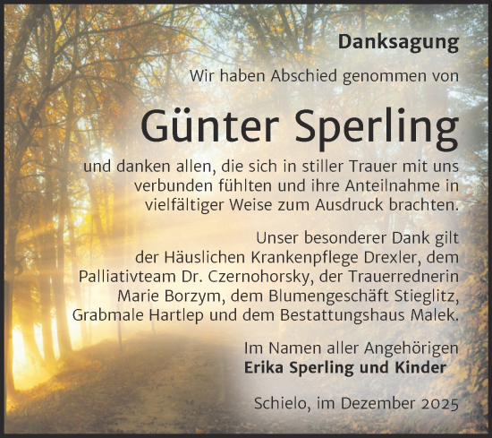 Traueranzeige von Günter Sperling von Trauerkombi Quedlinburg