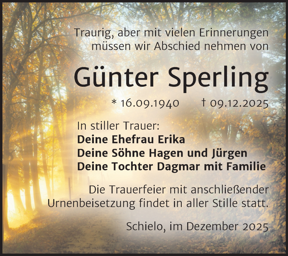  Traueranzeige für Günter Sperling vom 13.12.2025 aus Trauerkombi Quedlinburg