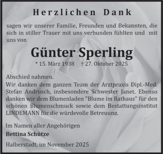 Traueranzeige von Günter Sperling von Volksstimme Halberstadt