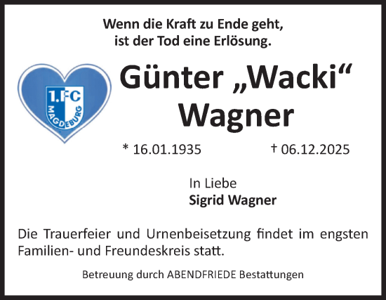 Traueranzeige von Günter Wagner von Volksstimme Magdeburg