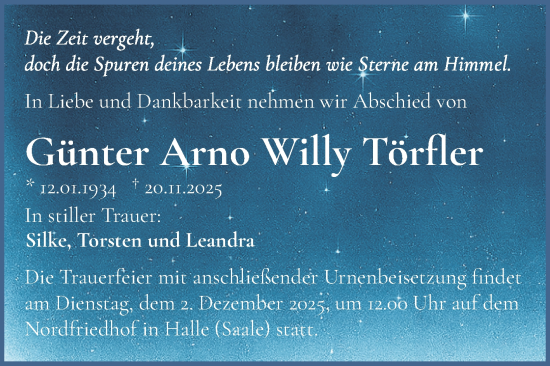 Traueranzeige von Günter Arno Willy Törfler von Mitteldeutsche Zeitung Halle/Saalkreis