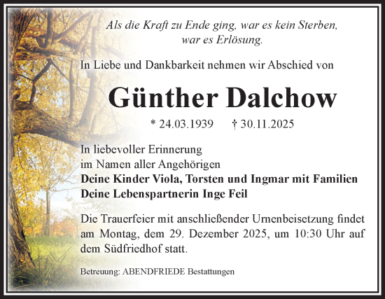 Traueranzeige von Günther Dalchow von Volksstimme Magdeburg