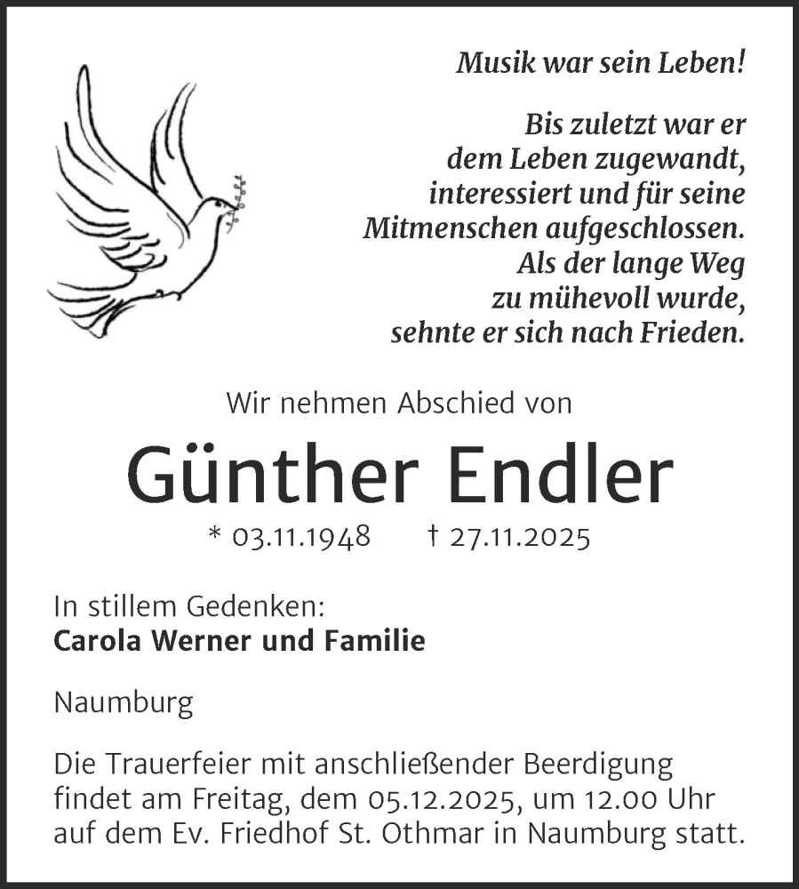  Traueranzeige für Günther Endler vom 02.12.2025 aus Naumburger Tageblatt