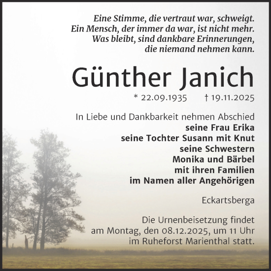 Traueranzeige von Günther Janich von Naumburger Tageblatt