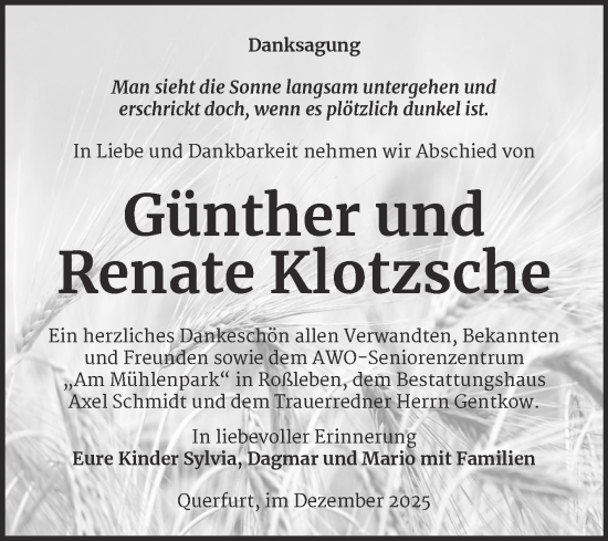 Traueranzeige von Günther Klotzsche von Trauerkombi Merseburg