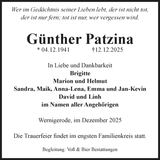 Traueranzeige von Günther Patzina von Volksstimme Wernigerode
