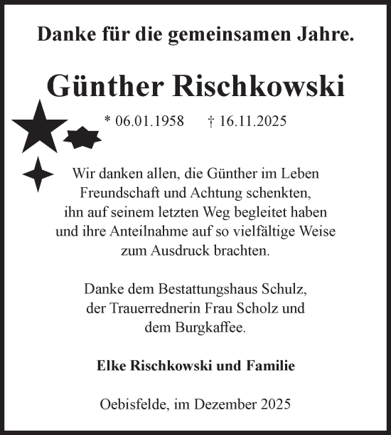 Traueranzeige von Günther Rischkowski von Volksstimme Altmark West