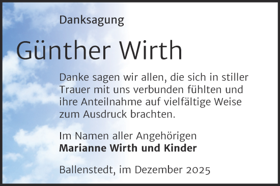 Traueranzeige von Günther Wirth von Trauerkombi Quedlinburg