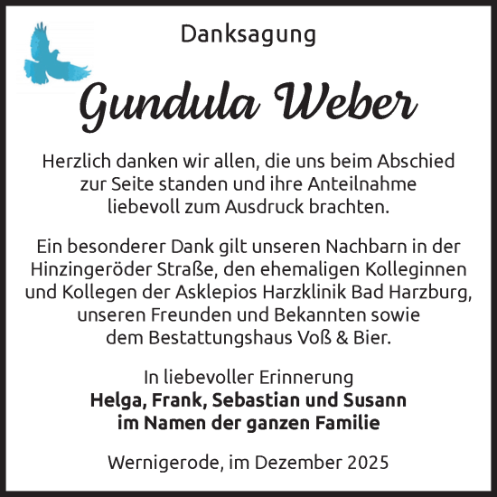Traueranzeige von Gundula Helga Weber von Volksstimme Wernigerode