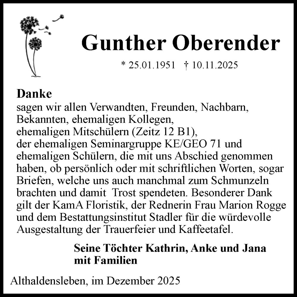  Traueranzeige für Gunther Oberender vom 27.12.2025 aus Volksstimme Haldensleben/Wolmirstedt