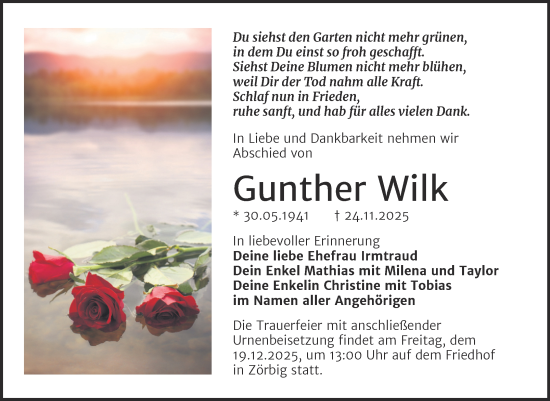 Traueranzeige von Gunther Wilk von Trauerkombi Bitterfeld