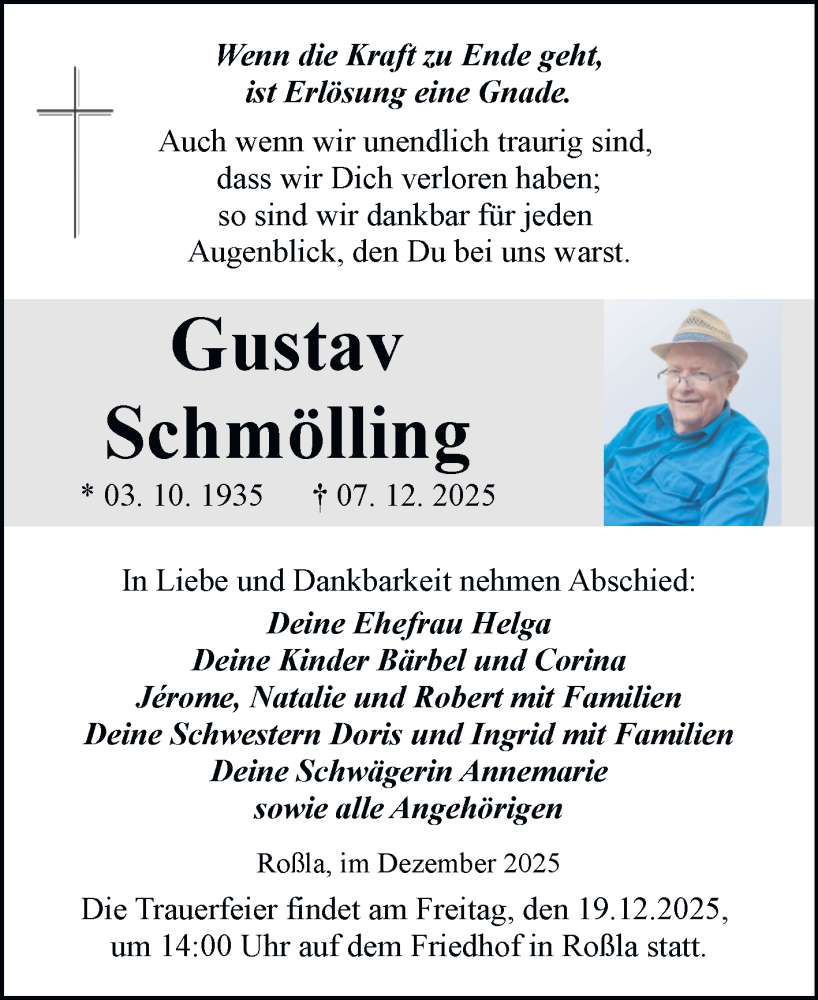  Traueranzeige für Gustav Schmölling vom 13.12.2025 aus Trauerkombi Sangerhausen