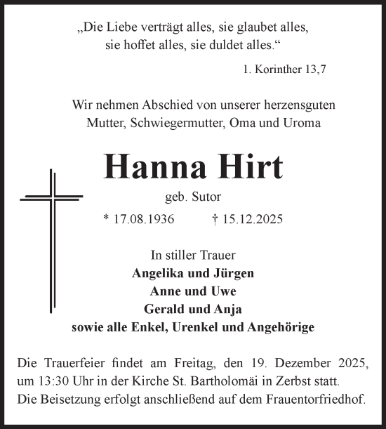 Traueranzeige von Hanna Hirt von Volksstimme Zerbst