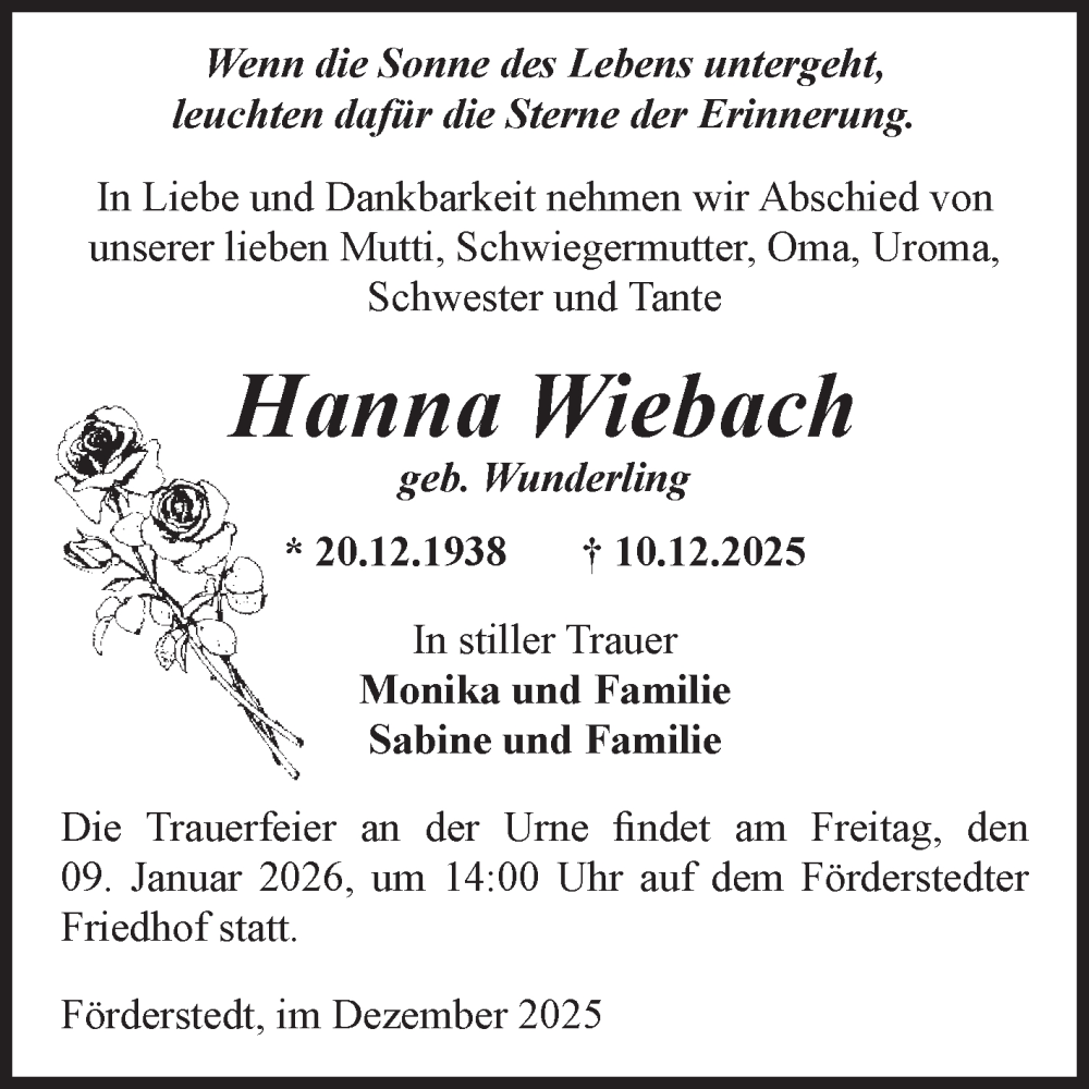  Traueranzeige für Hanna Wiebach vom 13.12.2025 aus Volksstimme Staßfurt