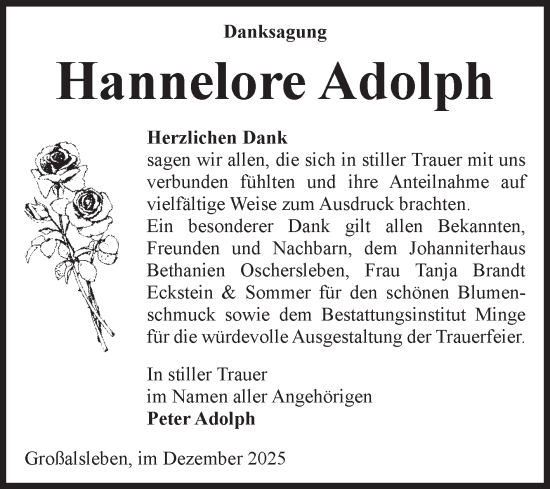 Traueranzeige von Hannelore Adolph von Volksstimme Oschersleben/Wanzleben