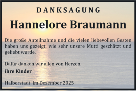 Traueranzeige von Hannelore Braumann von Volksstimme Halberstadt