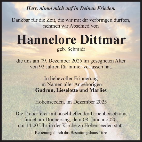 Traueranzeige von Hannelore Dittmar von Volksstimme Burg/Genthin