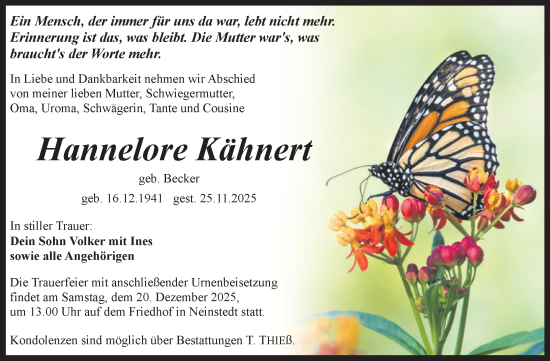 Traueranzeige von Hannelore Kähnert von Trauerkombi Quedlinburg