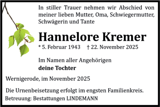 Traueranzeige von Hannelore Kremer von Volksstimme Wernigerode