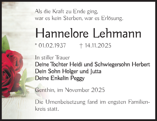 Traueranzeige von Hannelore Lehmann von Volksstimme Burg/Genthin