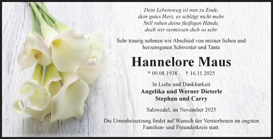 Traueranzeige von Hannelore Maus von Volksstimme Altmark West