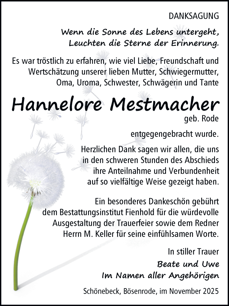  Traueranzeige für Hannelore Mestmacher vom 29.11.2025 aus Trauerkombi Sangerhausen