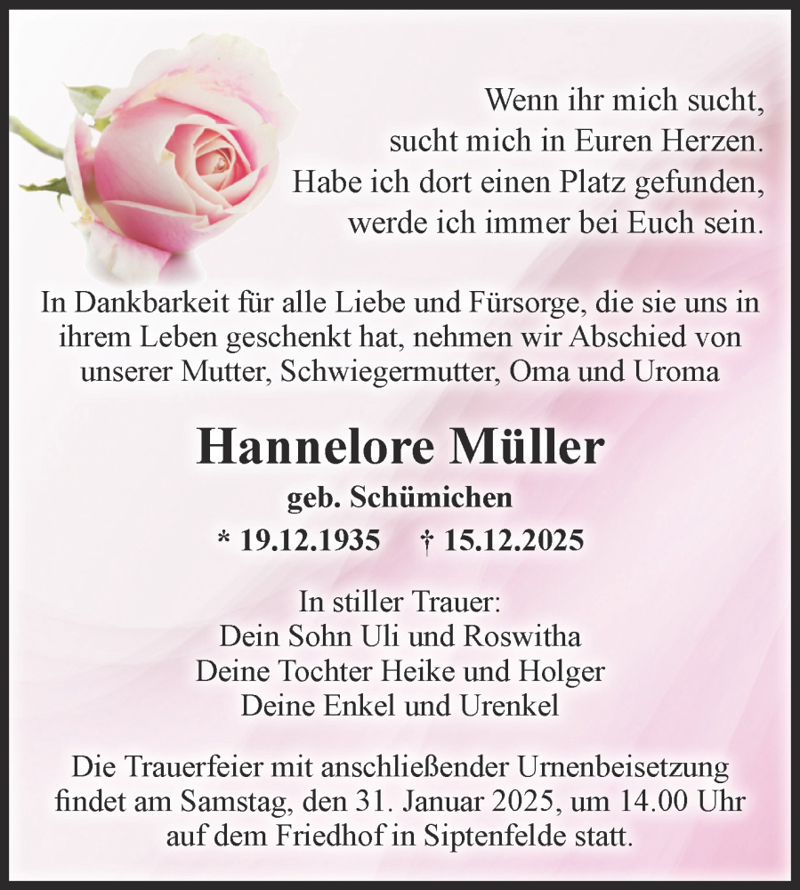  Traueranzeige für Hannelore Müller vom 27.12.2025 aus Trauerkombi Quedlinburg