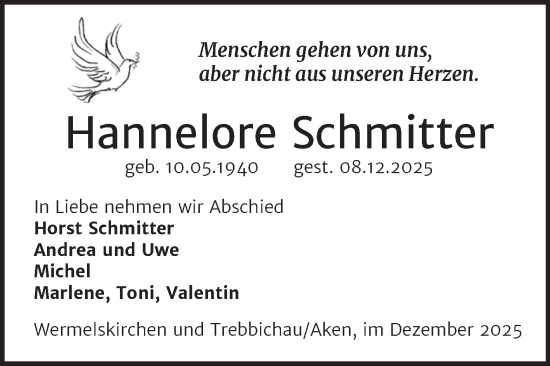 Traueranzeige von Hannelore Schmitter von Trauerkombi Köthen