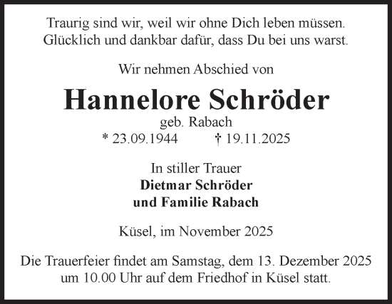 Traueranzeige von Hannelore Schröder von Volksstimme Burg/Genthin