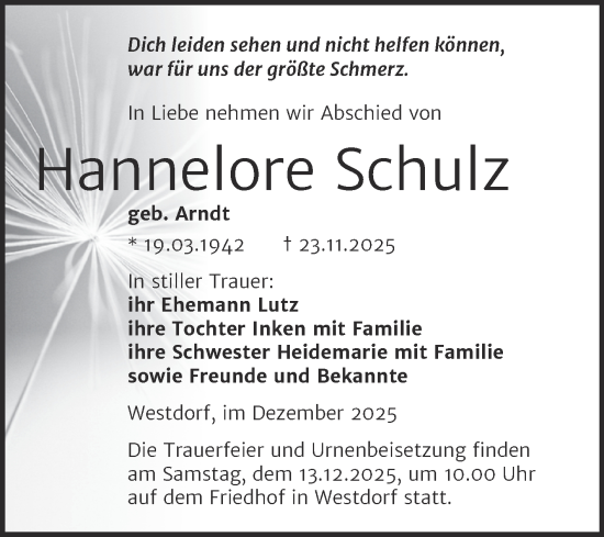 Traueranzeige von Hannelore Schulz von Trauerkombi Aschersleben