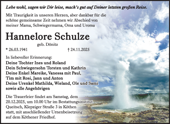 Traueranzeige von Hannelore Schulze von Trauerkombi Köthen