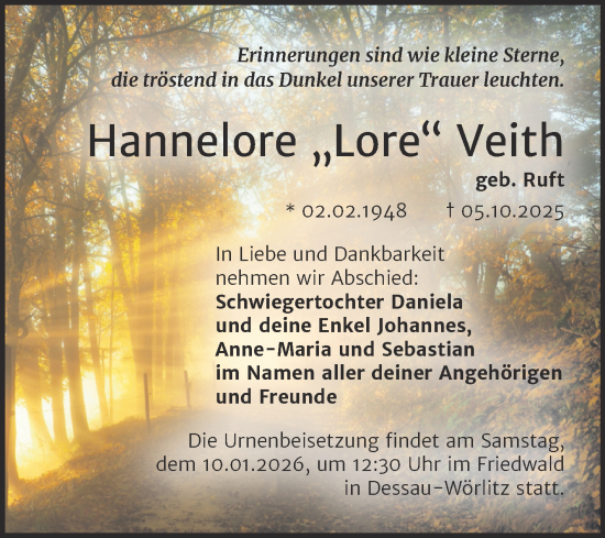 Traueranzeige von Hannelore   Veith von Trauerkombi Merseburg