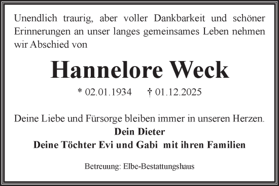 Traueranzeige von Hannelore Weck von Volksstimme Magdeburg