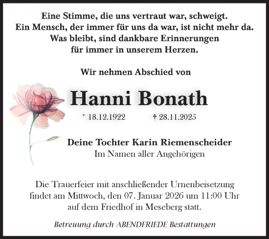 Traueranzeige von Hanni Bonath von Volksstimme Haldensleben/Wolmirstedt
