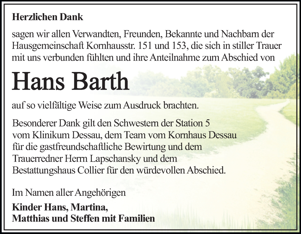  Traueranzeige für Hans Barth vom 13.12.2025 aus Trauerkombi Dessau